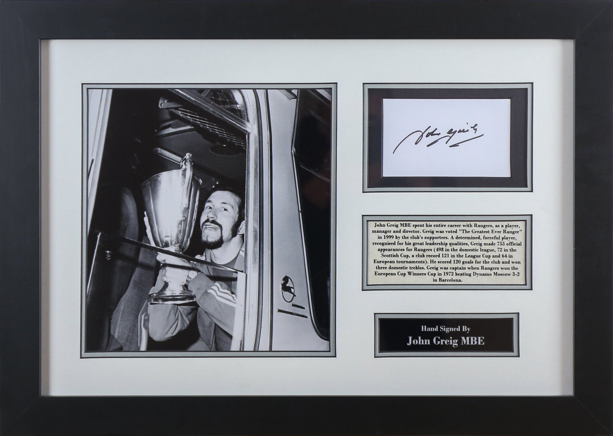 John Greig Signed White card Framed Display - Memorabilia Framers Shop